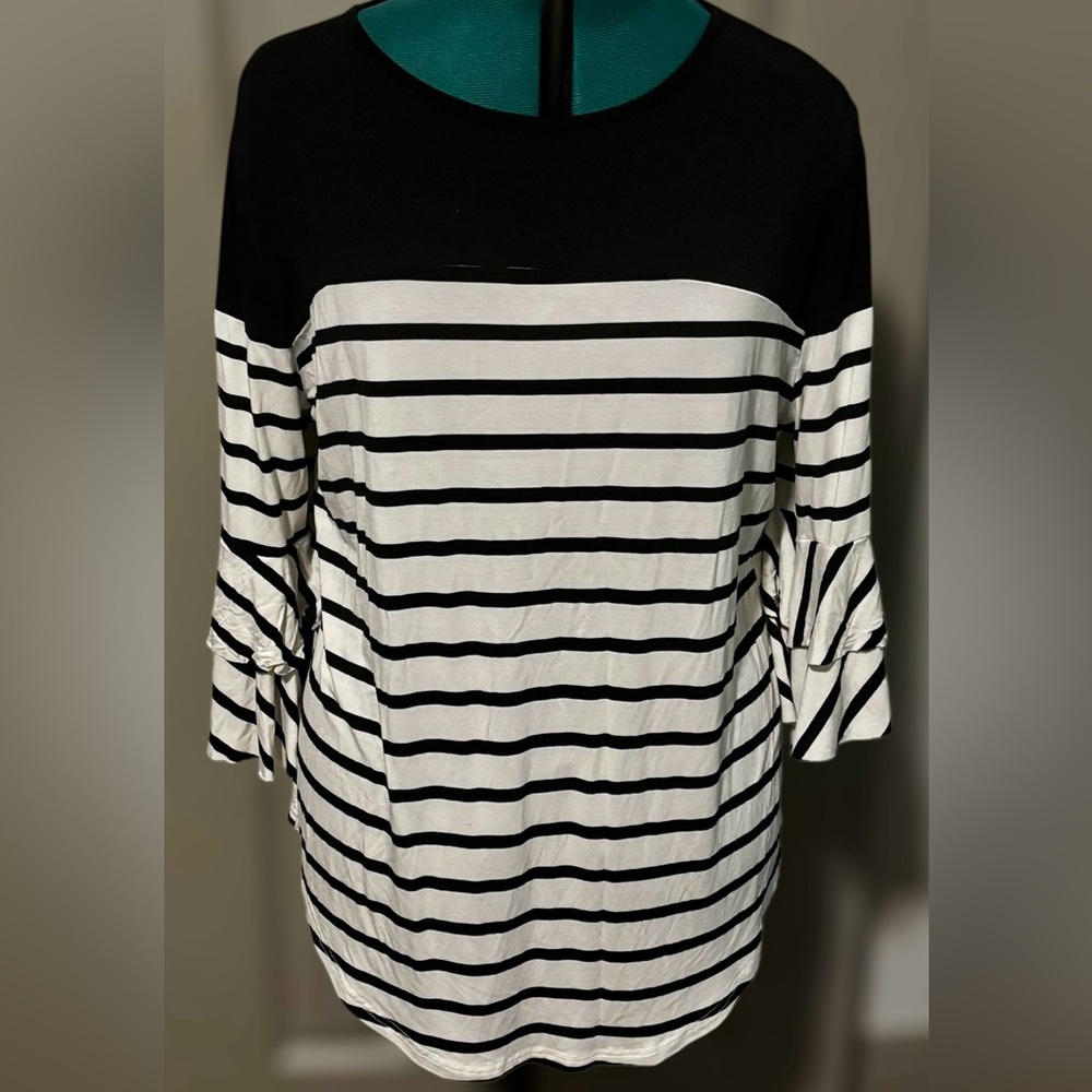 Tickled Teal Black and‎ White Striped Blouse